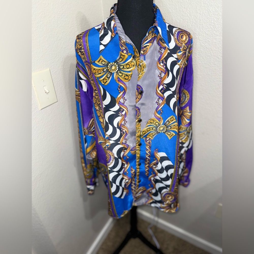 Vintage Sangi Baroque Print Shirt Blue Gold Versacecore Luxe Retro- Sz Medium - Picture 5 of 11